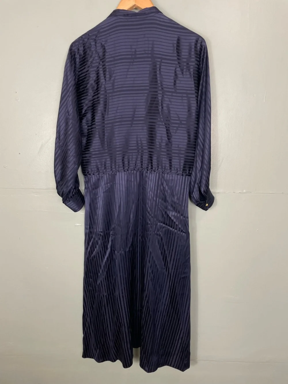 Tory Burch Striped Long Sleeve Drawstring Silk Blend Midi Dress‎ Navy Blue XS